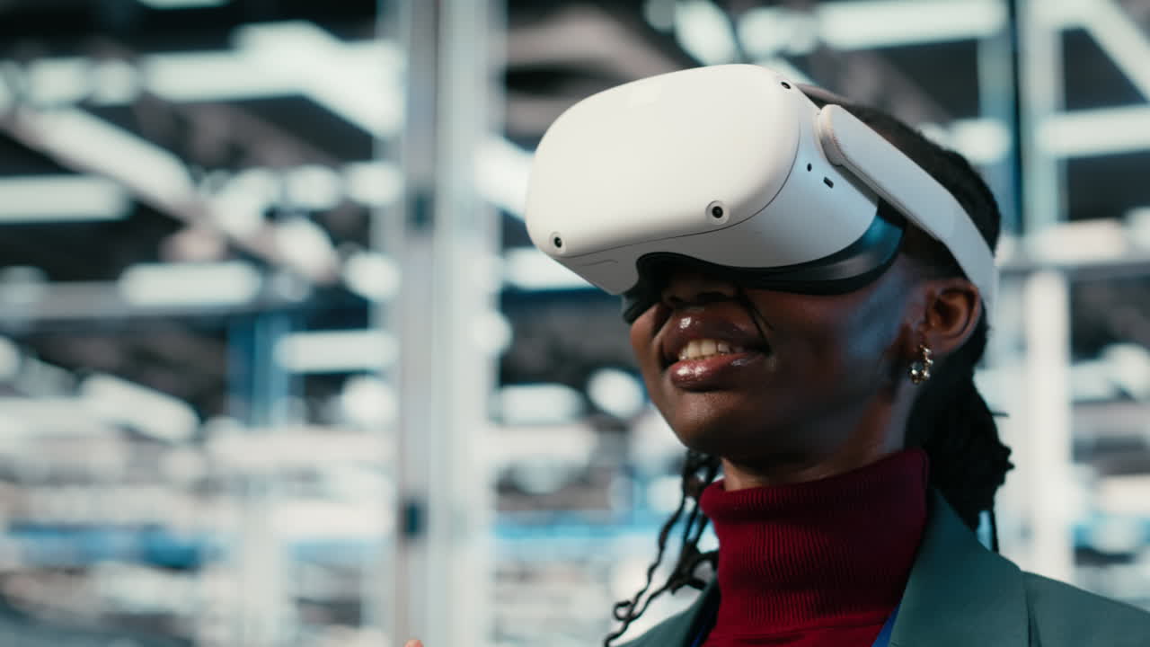 Black Woman Interacting with Virtual Reality Headset
