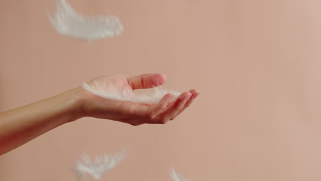 woman's hand gently releasing feathers