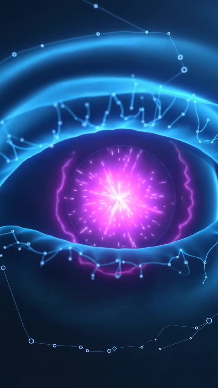 Video verticale: Nucleo viola che si illumina avviando un'orbita pulsante, illuminando anelli e nodi nello spazio.