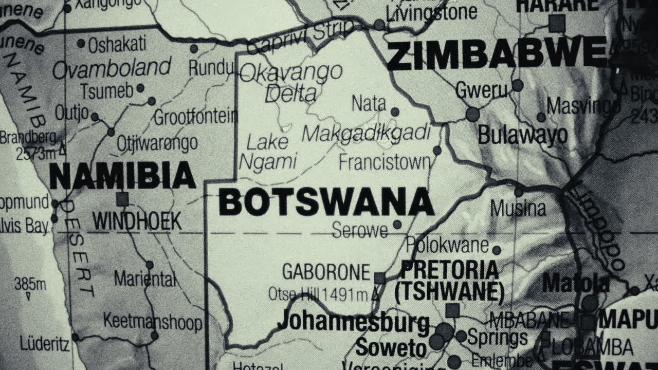 A close-up view of a map showing Southern African countries