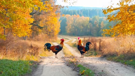 two roosters on a dirt road in the fall