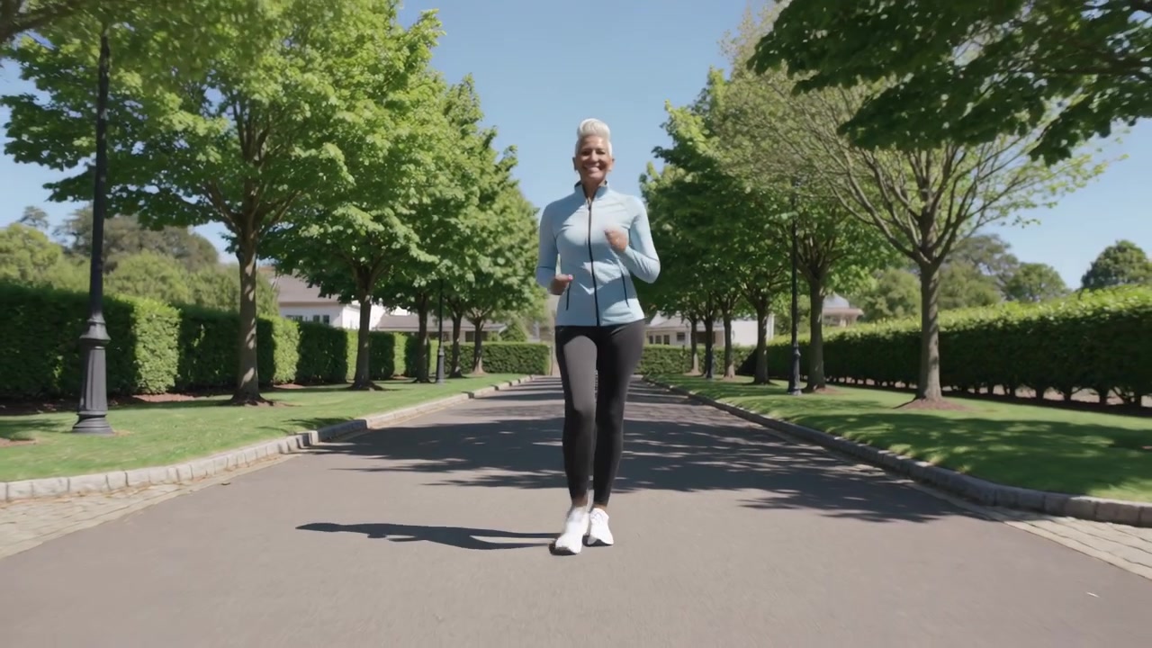 Donna anziana che fa jogging e si allena per la forma fisica lungo una strada alberata, con giacca blu e scarpe bianche.