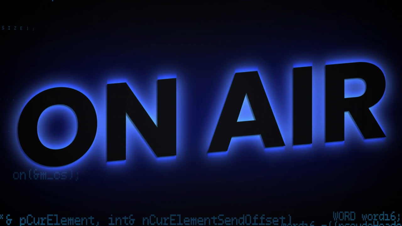 Glowing On Air text over animation of programming code snippets in background