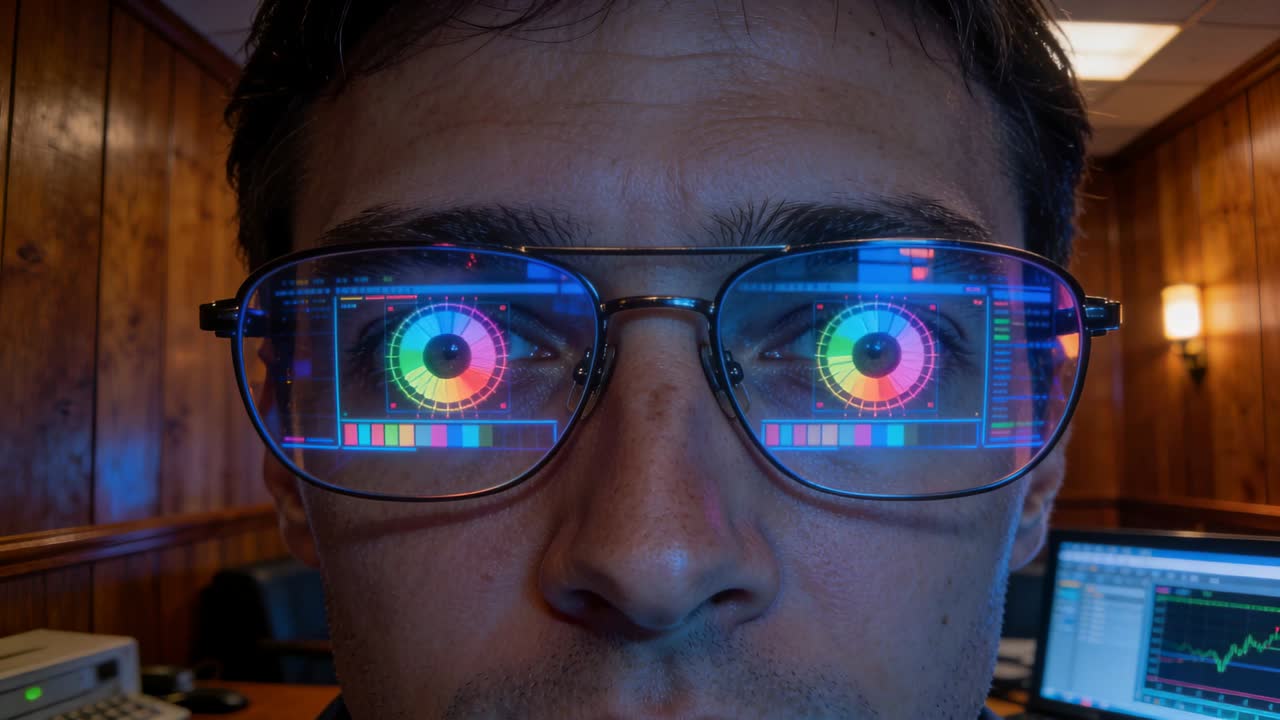 Reacting to pulsing HUD, male holding focus at office screen with line chart, glasses reflecting UI