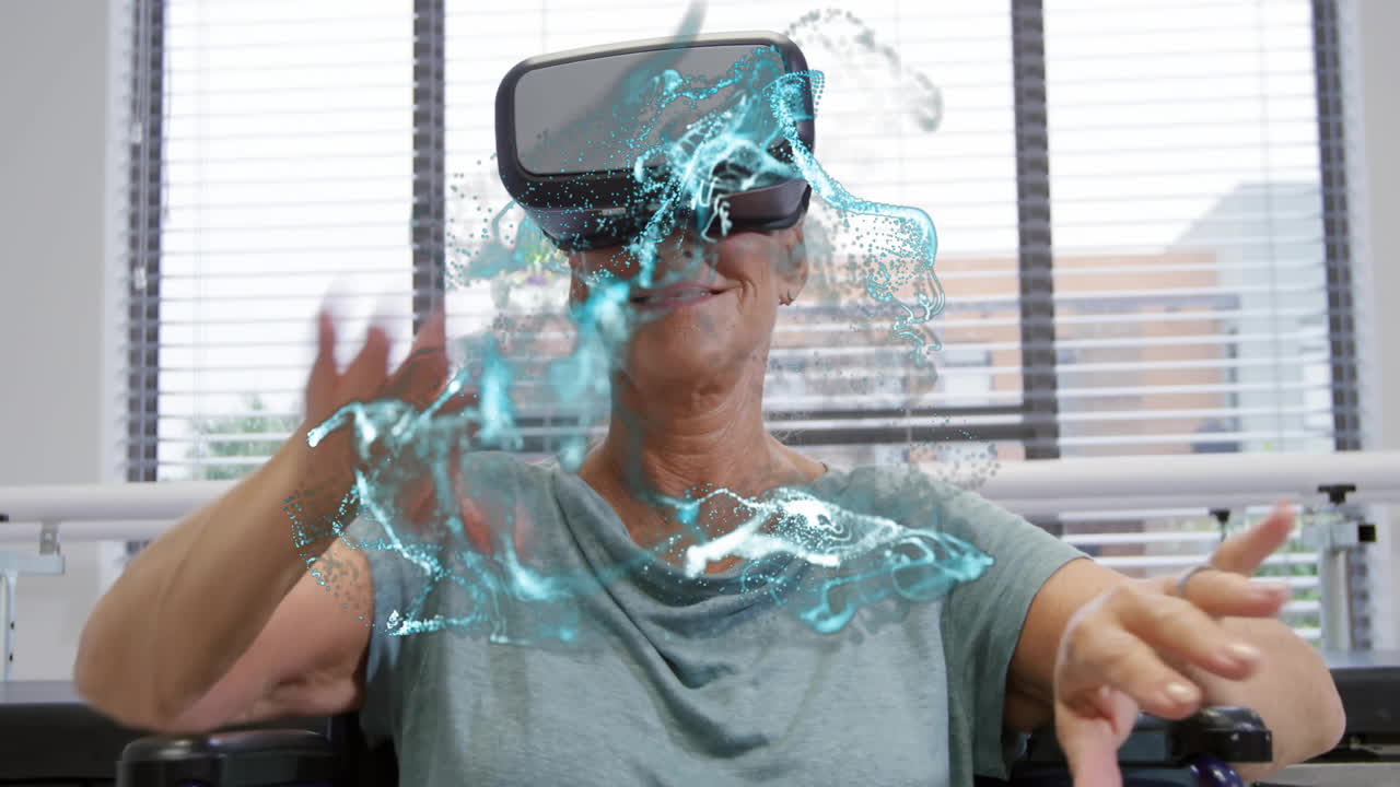 Using virtual reality headset, person experiencing animation of water splash effect