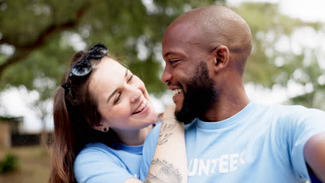 happy interracial couple, volunteer