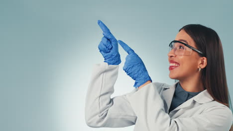 Happy-woman,-hands-and-scientist-pointing