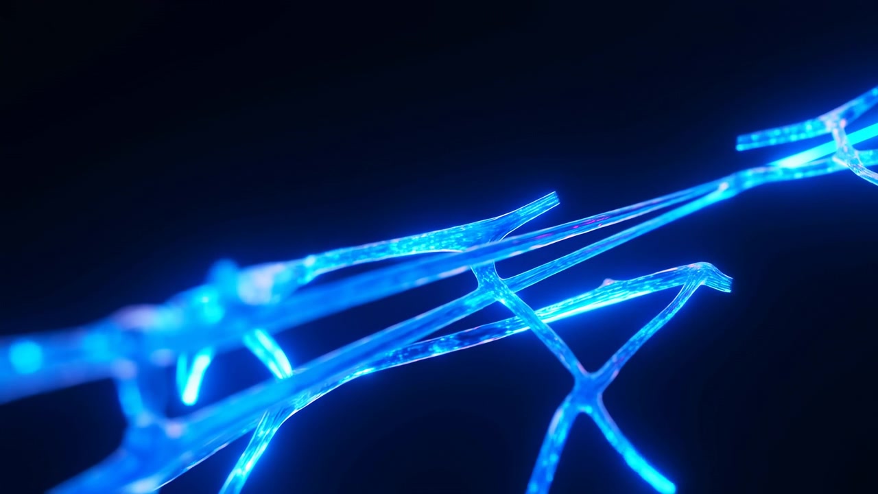 Thin luminous cyan strands spread from a narrow pointed arrangement into a denser network of transparent forks, crossing at varied depths against black with bright edge glow and soft focus.