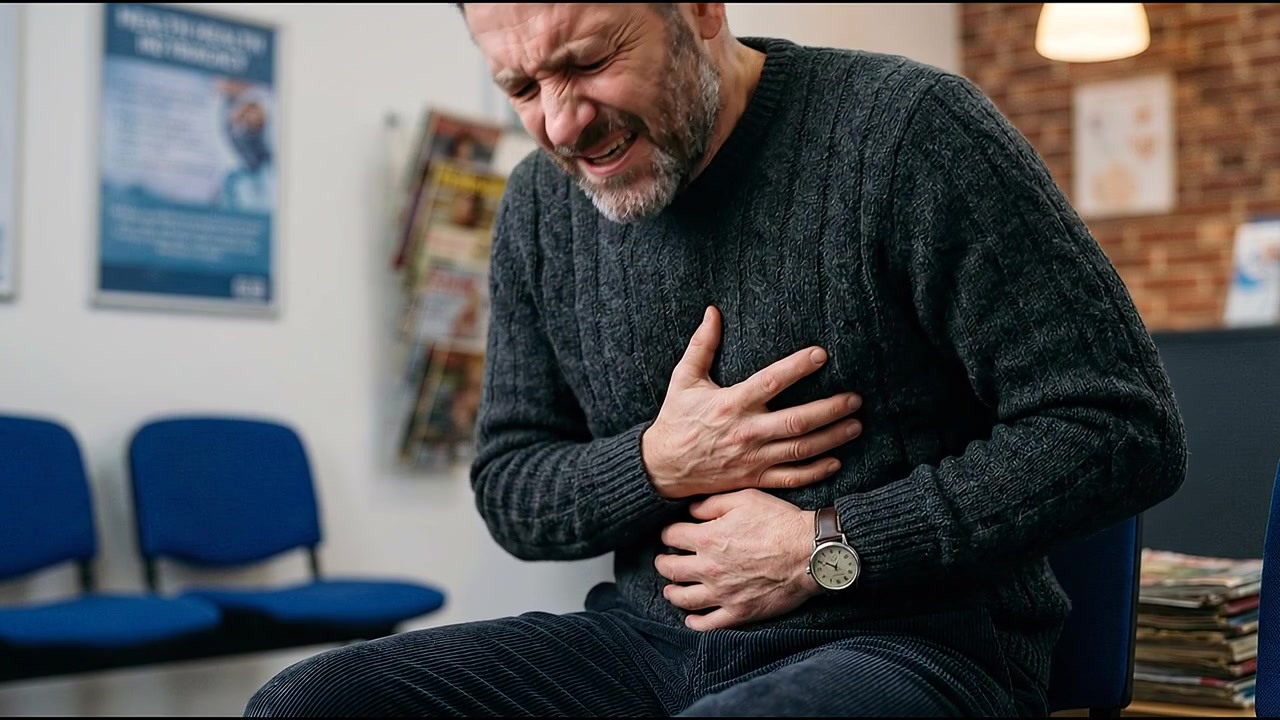 Person holding chest and reacting to sudden discomfort and possible health concern