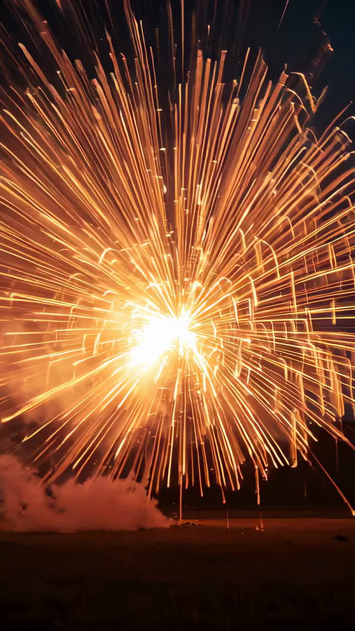 Vertical video: Launching shells sending golden bursts across sandy field with smoke and embers