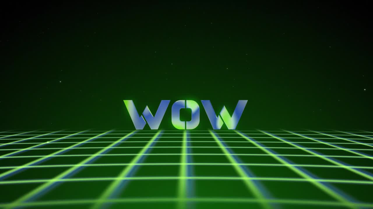 Synthwave wireframe net 80s with text WOW on green backgraund. Retro futurism background. 3d illustration render seamless loop. 4k