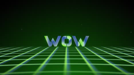 synthwave wireframe net 80s with text wow on green backgraund. retro futurism background. 3d illustration render seamless loop. 4k