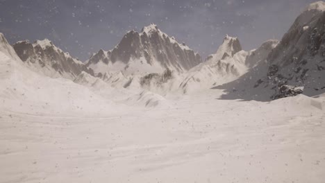 winter scene, snowy mountains, with snow falling, 3d animation, animated scene, still camera