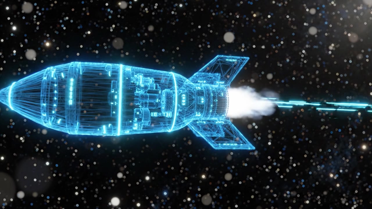 宇宙で輝く素晴らしいハイテクロケット船。星が輝く宇宙の背景の中で、先進的なエネルギー推進と未来的なデザインを披露する。