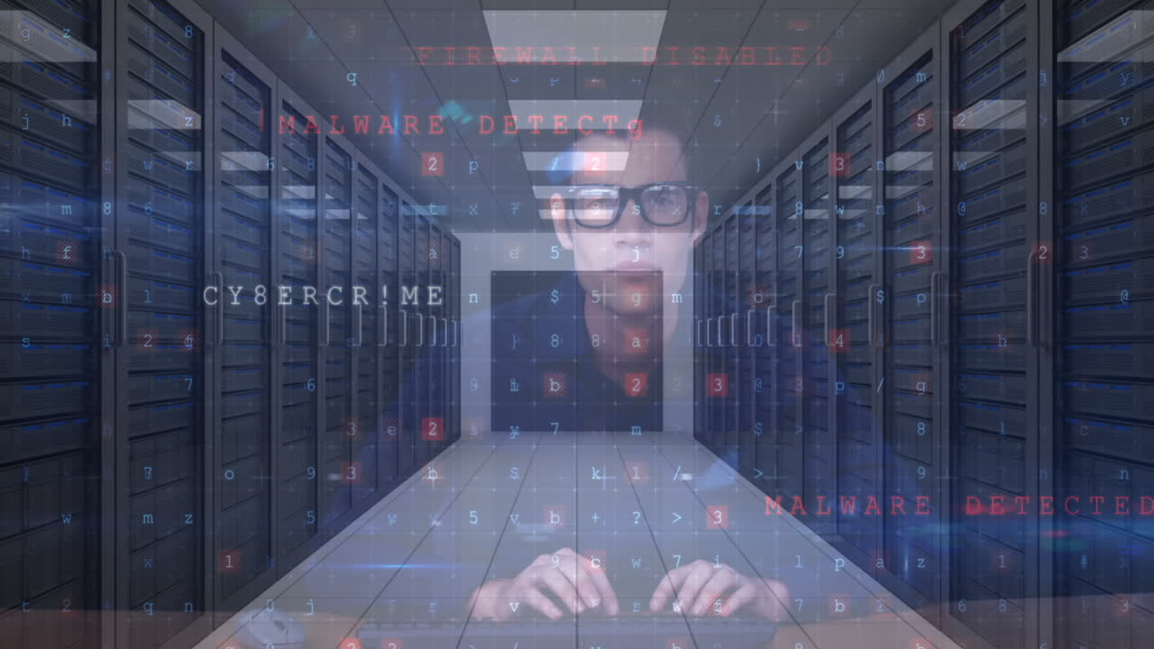 Animation of cyber attack warning text and numbers processing over male hacker and computer servers