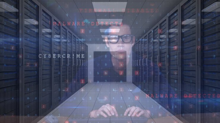 Animation af advarselstekst om cyberangreb og tal, der behandles, over en mandlig hacker og computerservere.