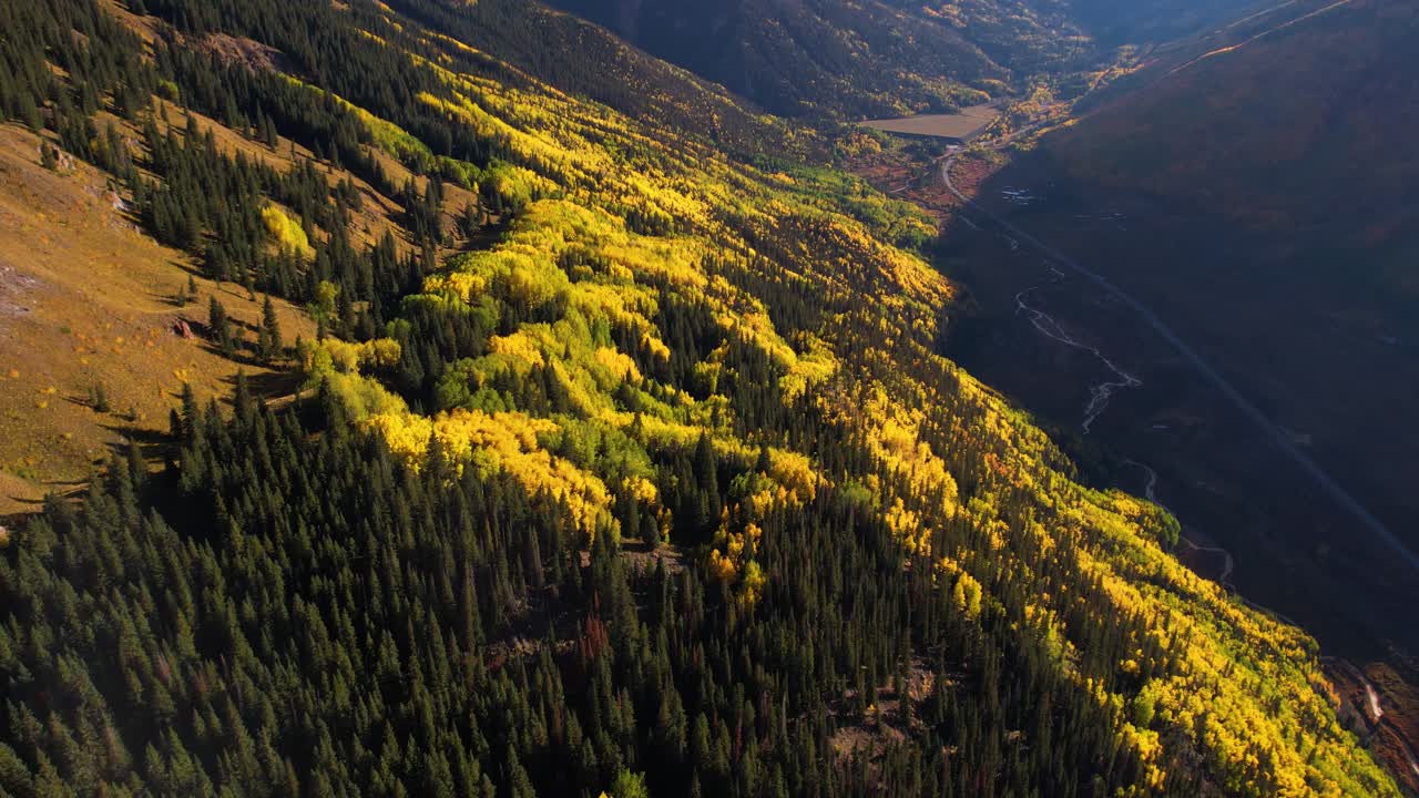 vista aérea del colorido paisaje americano en un soleado día de otoño, bosque verde amarillo, colinas y valles en la luz del sol de la hora dorada