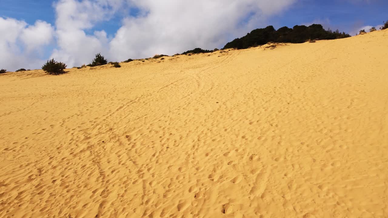 paisaje de dunas del desierto, arena dorada con pasos, nubes blancas soleadas de fondo