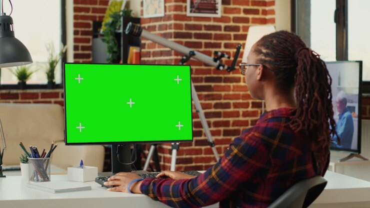 Donna afroamericana che guarda un computer con greenscreen