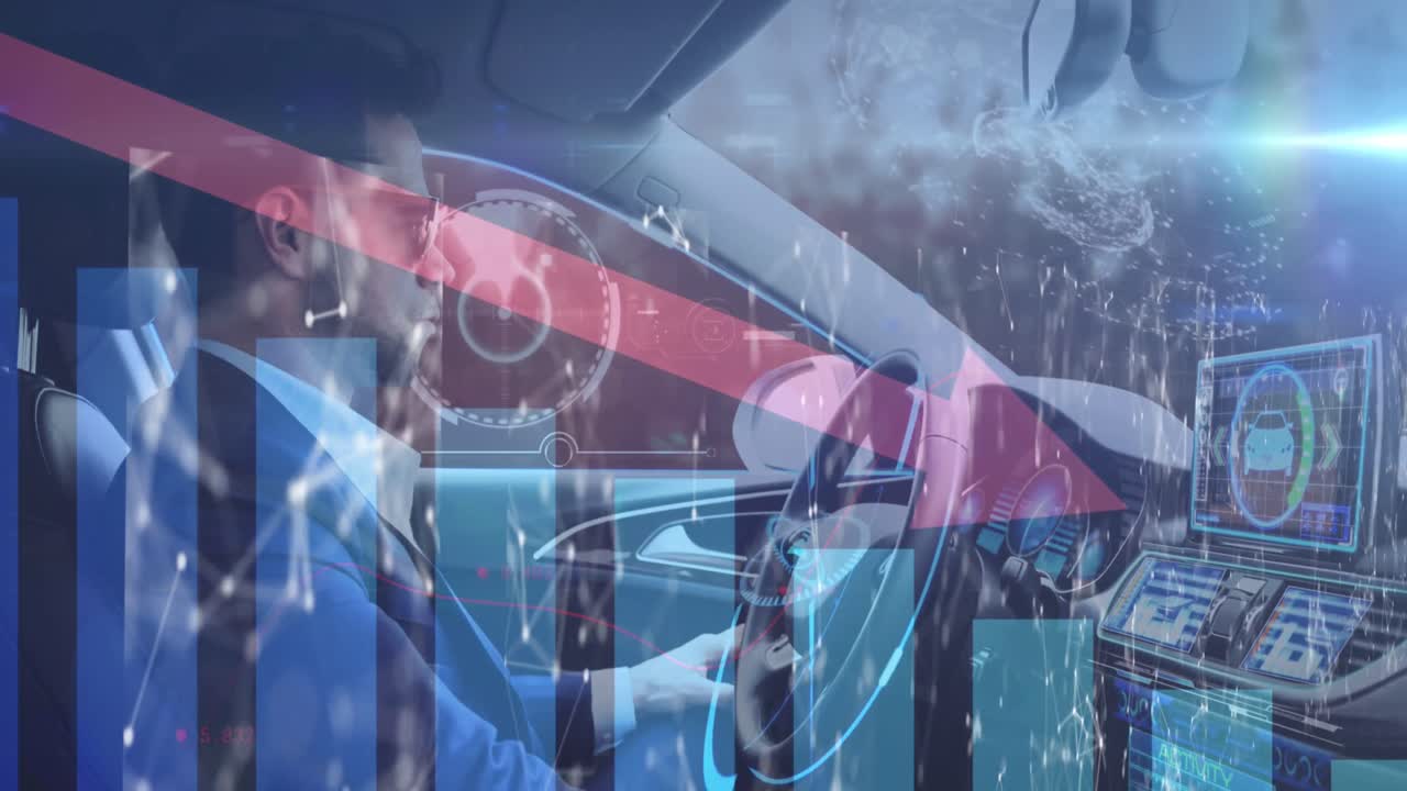 연결, 화살표 및 그래프의 애니메이션 카우카시안 남자가 자동차를 운전