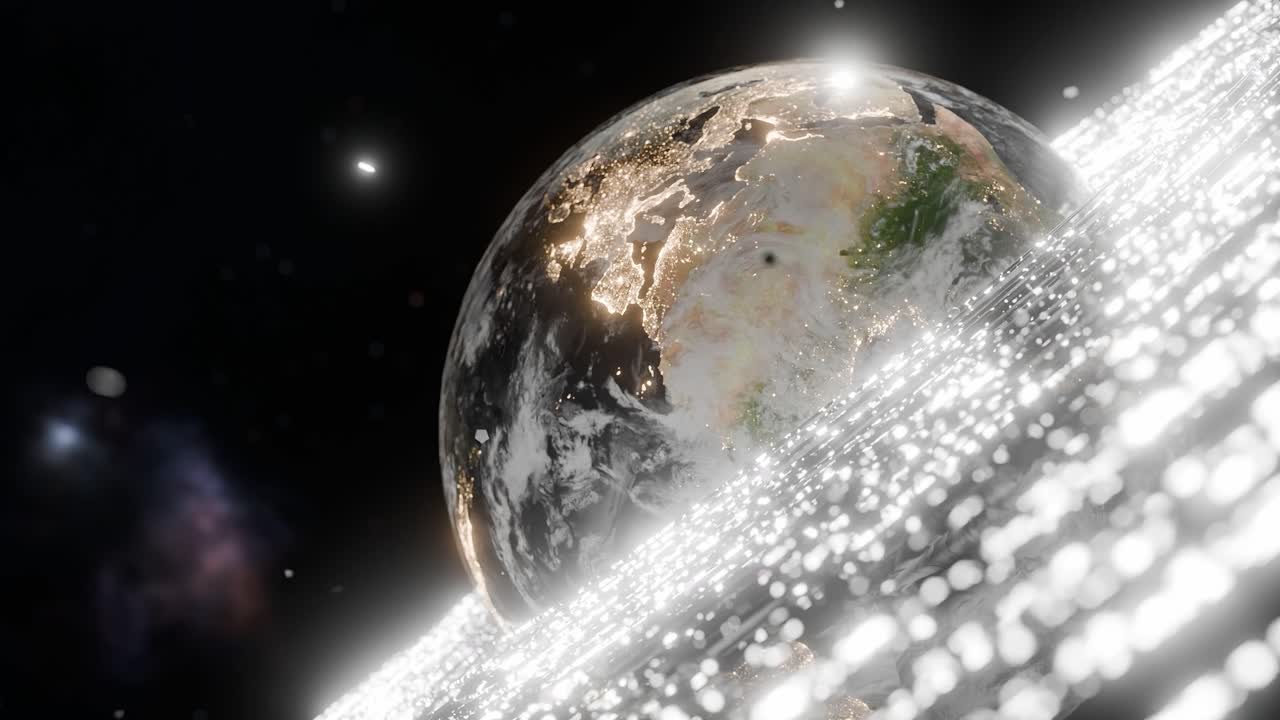 Glowing Earth showing illuminated Africa with white digital particles in outer space. 3D rendering with night lights and energy wave. Futuristic technology and global connection concept