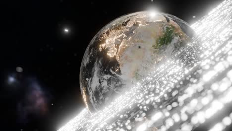 glowing earth showing illuminated africa with white digital particles in outer space. 3d rendering with night lights and energy wave. futuristic technology and global connection concept