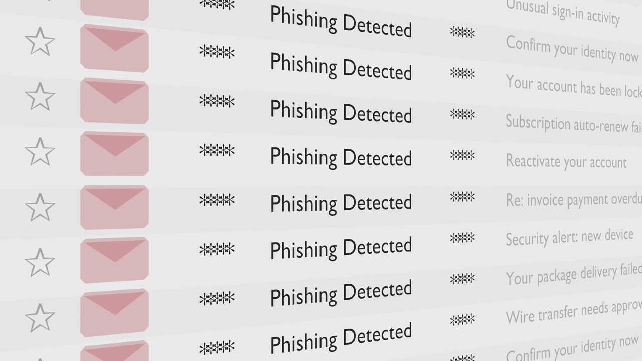Animated close-up of an email inbox with highlighted warnings, phishing detected messages and blurred security alerts. Bright lighting, clean composition, cybersecurity concept, no people.