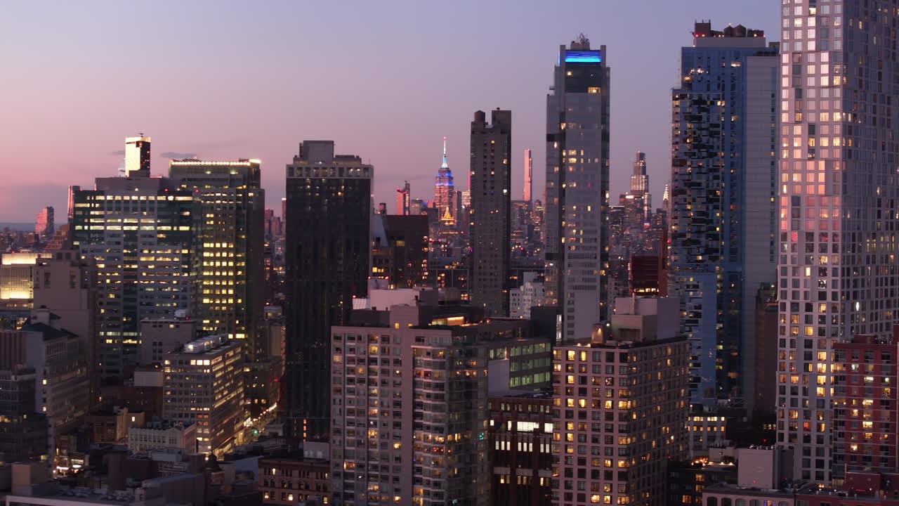 Aerial view of Downtown Brooklyn at night. Shot in New York City