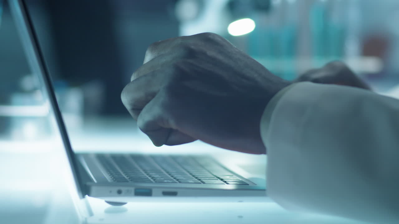 Black Scientist Typing on Laptop in Lab