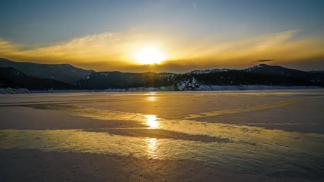 time lapse of frozen lake at sunset in the colorado rocky mountains.