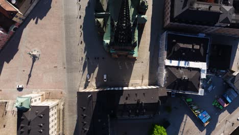 top down aerial view of riddarholmen church in stockholm old town city centre