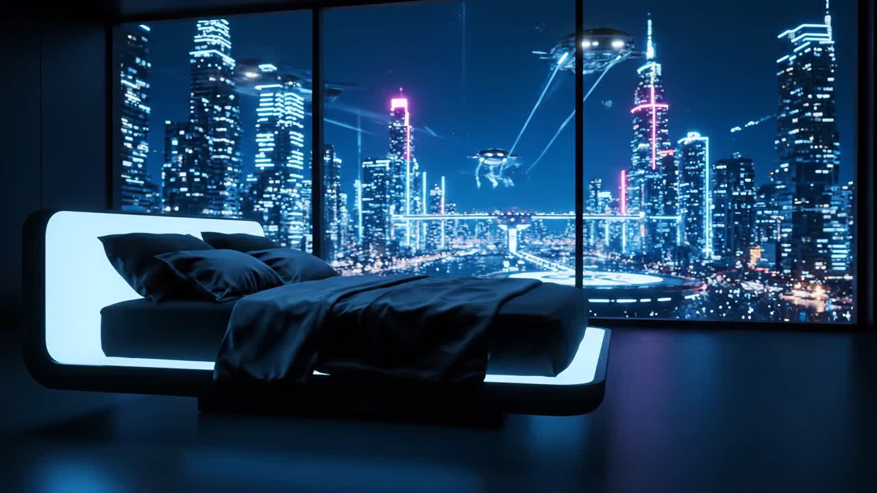 Futuristic Bedroom with Cityscape View