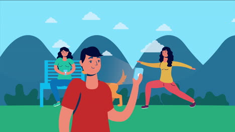 personas que usan tecnología de teléfonos inteligentes en el parque
