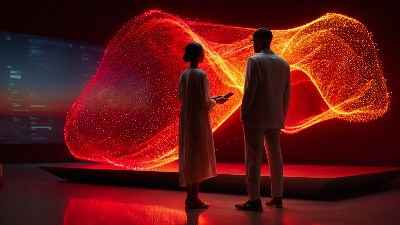 Exploring Data Visualization and Interactive Technology: Two Individuals Engaged with a Vibrant Digital Display Emitting Dynamic Patterns and Colors in a Futuristic Environment
