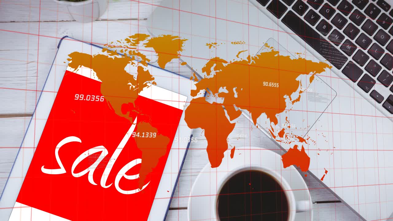 Um mapa surge, acionando sobreposições. Um tablet exibe a tela de vendas, e as sobreposições se alternam mostrando as vendas.