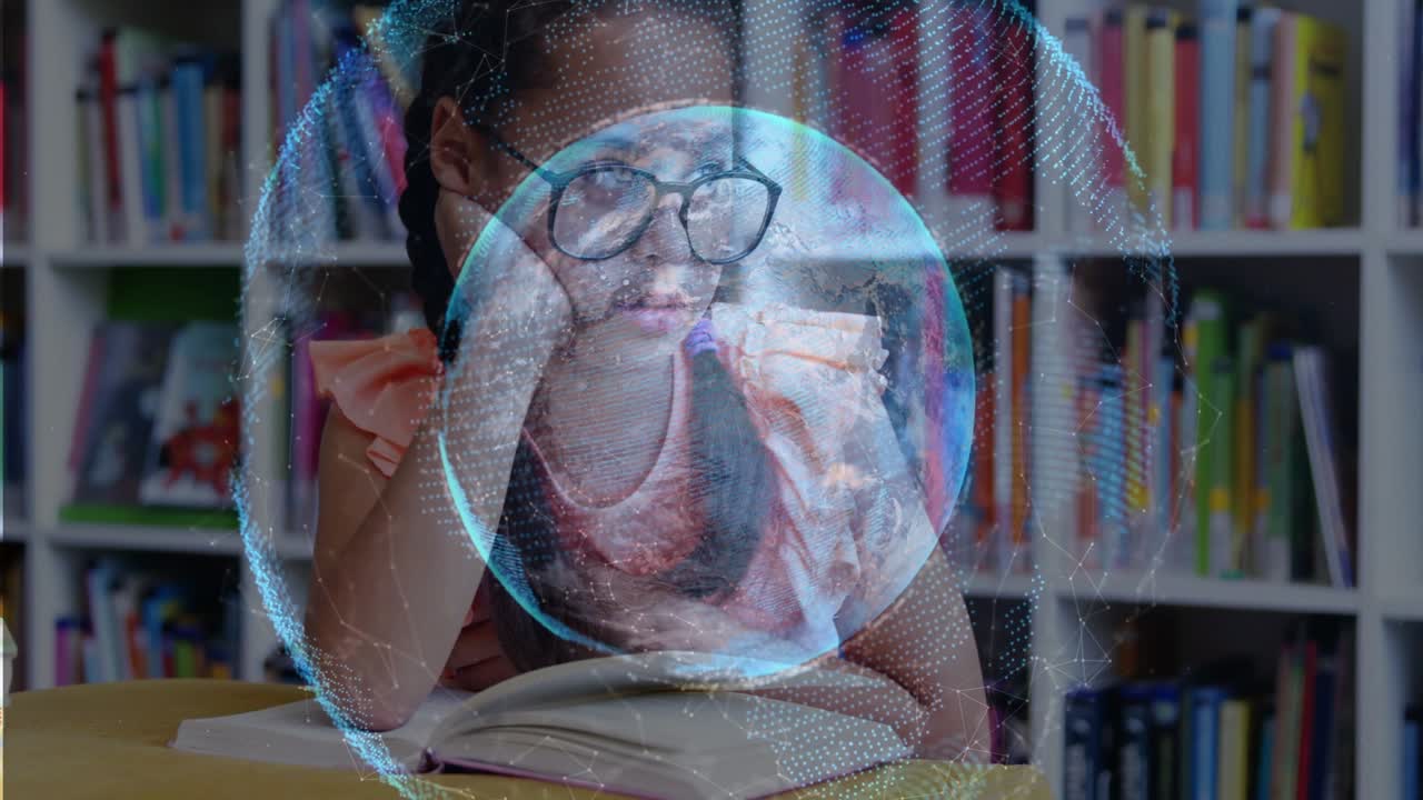 Female student pausing at study table with pen, holo globe appearing over book, supporting learning