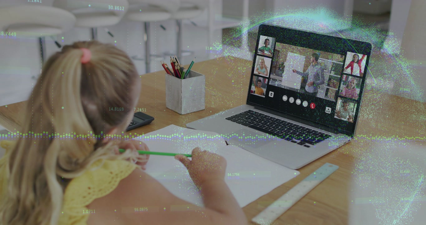 Girl watching remote lesson on laptop, presenter gesturing causing green pencil writing in notebook
