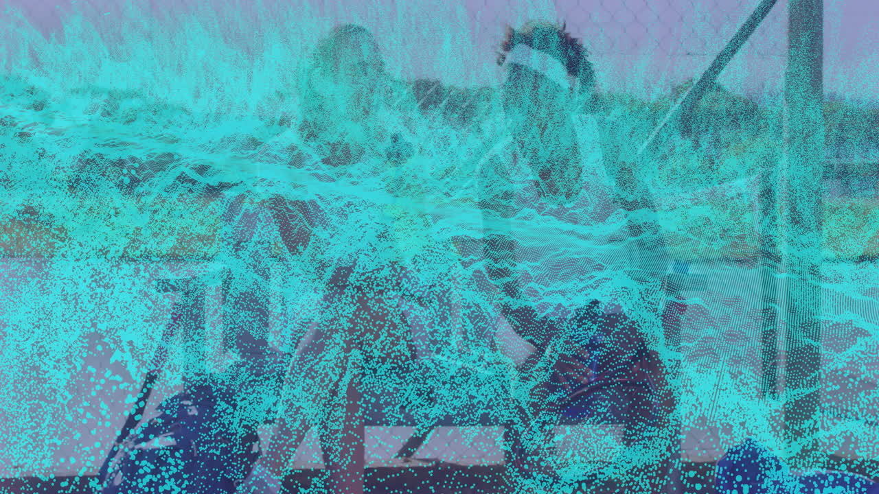 Tennis players on court with digital data wave animation overlay