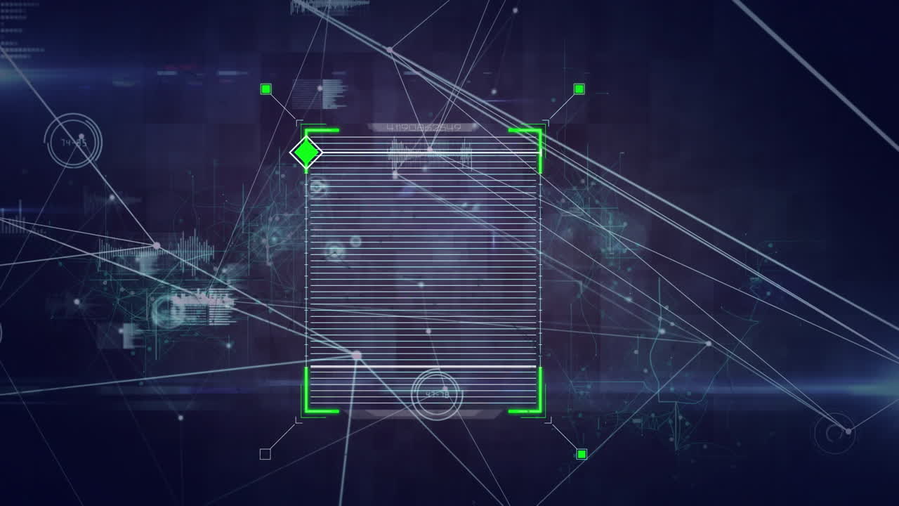 escáner cuadrado sobre red de conexiones y procesamiento de datos contra un fondo negro