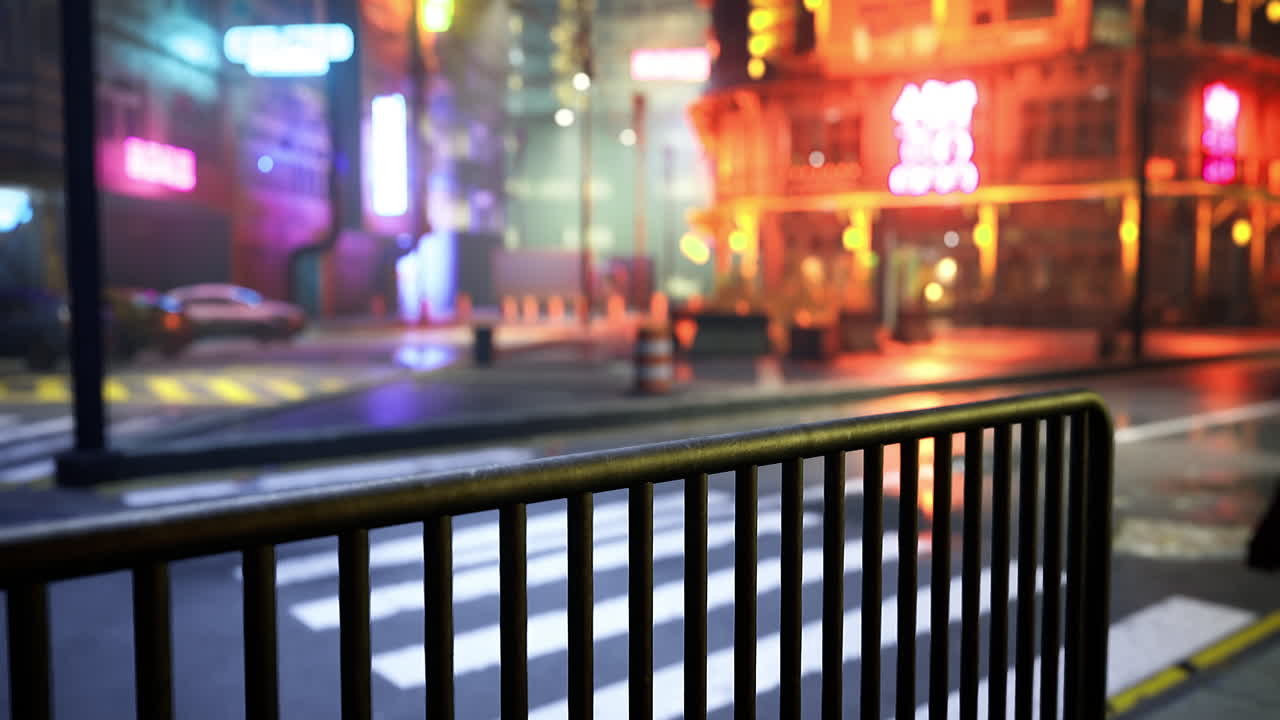 Neon lit urban street at night with barriers and vibrant buildings
