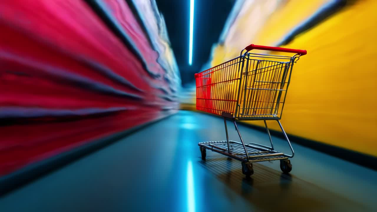 Dynamic Motion and Vibrant Colors: A Shopping Cart in a Futuristic Tunnel of Light Representing Consumerism and Retail Experience in a Modern Environment