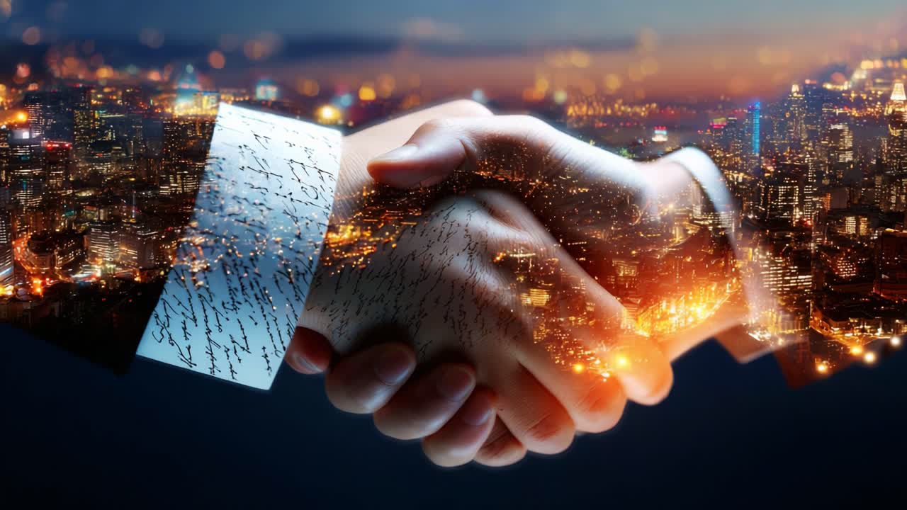 A powerful handshake symbolizes partnership and collaboration as the city skyline glimmers in the background, reflecting ambition and modernity in a vibrant urban environment