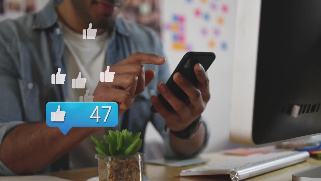 Animation of social media data processing over asian businessman using smartphone
