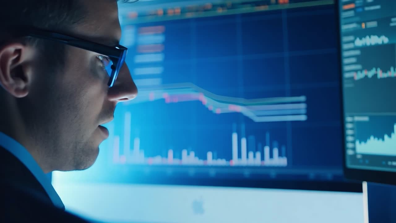 hombre trabajando en computadora con gráficos y gráficos