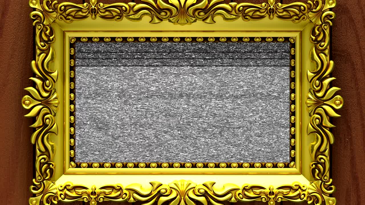 la cámara hace zoom en el marco de la imagen dorada sobre un fondo de madera marrón. el ruido de la televisión y la tecla de croma verde se reproducen en la pantalla. animación 3d.