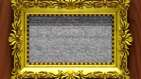 camera zoom into the gold picture frame on background of brown wood. tv noise and green chroma key plays on the screen. 3d animation.