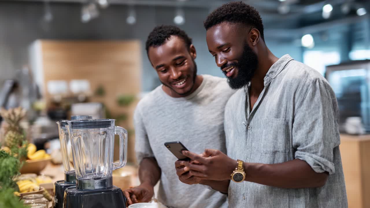 Two Friends Enjoying Time Together in a Bright Kitchen While Using a Smartphone, Surrounded by Modern Kitchen Appliances and Fresh Ingredients, Engaging in a Fun and Relaxing Activity