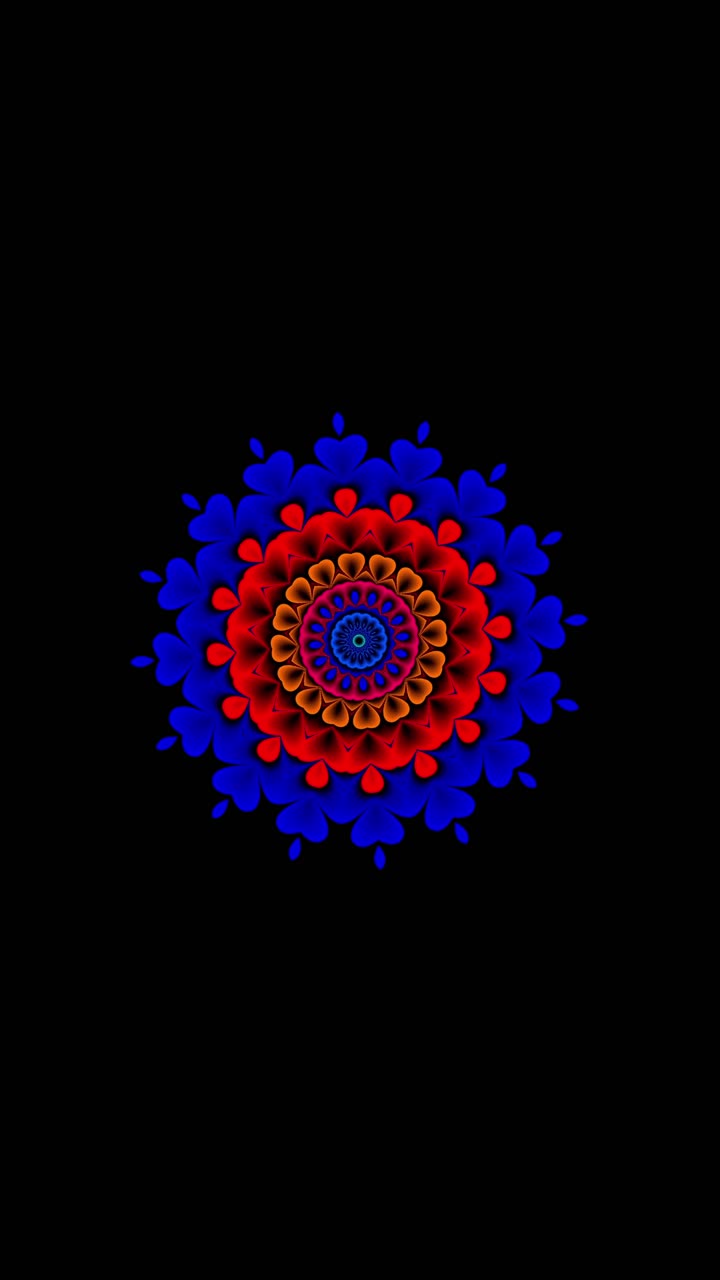 Mandala psichedelico con effetto cromostereopsi, loop continuo per i social media su sfondo nero
