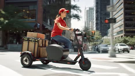 a delivery person navigates busy city streets on an electric scooter, transporting packages in the afternoon. the vibrant urban setting features pedestrians and tall buildings.