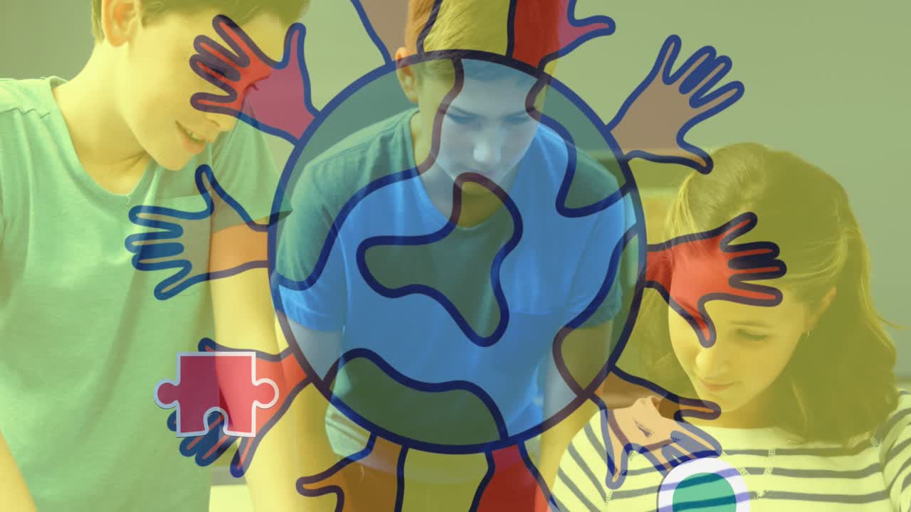 Animazione di pezzi di puzzle e un globo su diversi scolari che usano un tablet